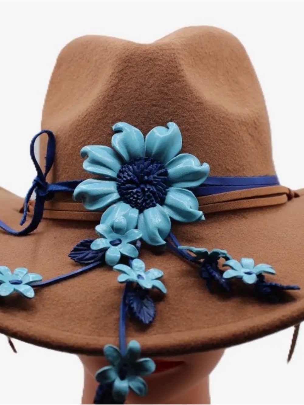 Brown Felt Fedora Hat with Blue Floral Accent